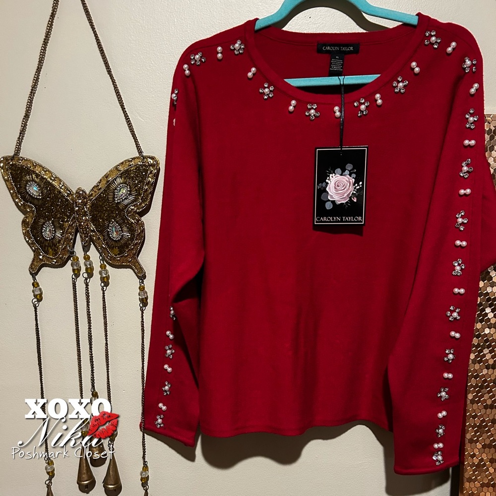 Carolyn Taylor Red Embellished Long Sleeve Sweater - Size XL